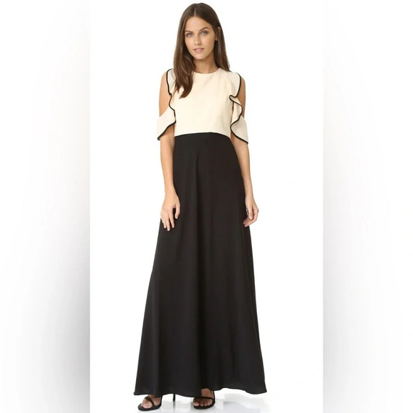 Jill Jill Stuart Cold Shoulder Ruffle Trim Cream Black Colorblock Gown Size 10 - Picture 1 of 16